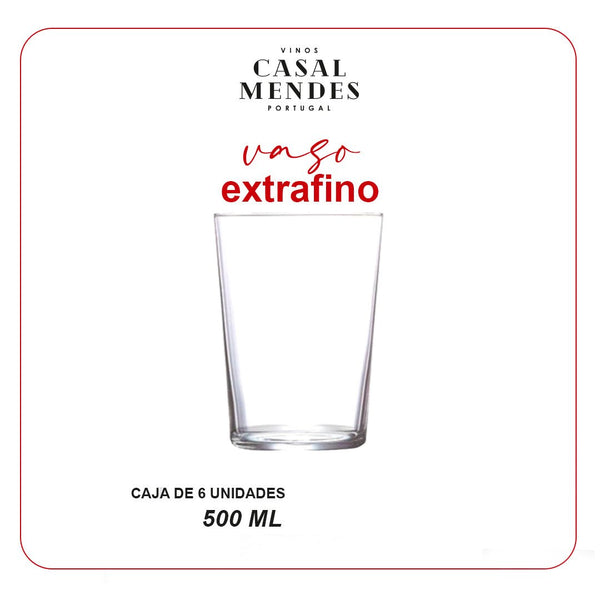 Set de 6 vasos extra finos de 500 ml, ideales para disfrutar bebidas con estilo y elegancia. Cristalería de alta capacidad, perfecta para ocasiones especiales.